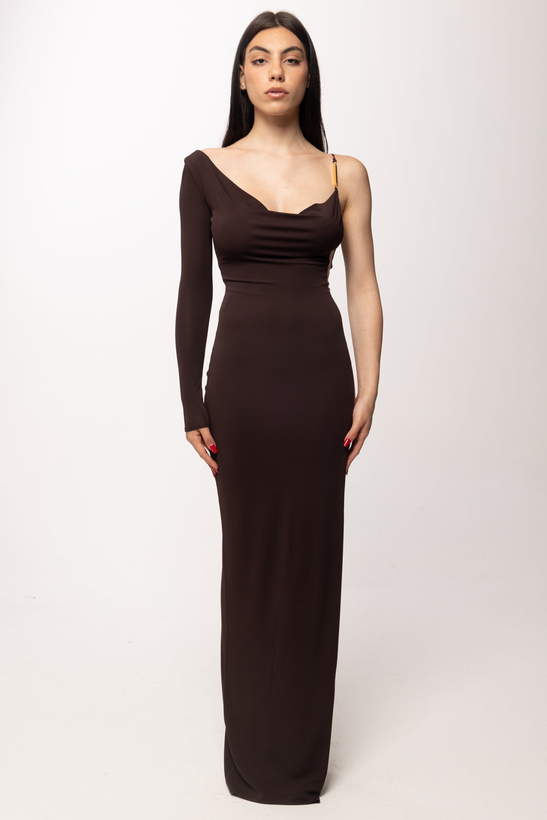 Elisabetta Franchi Abito Red Carpet con Inserto Trasparente Al Fianco ABR4762E2 DARK CHOCOLATE