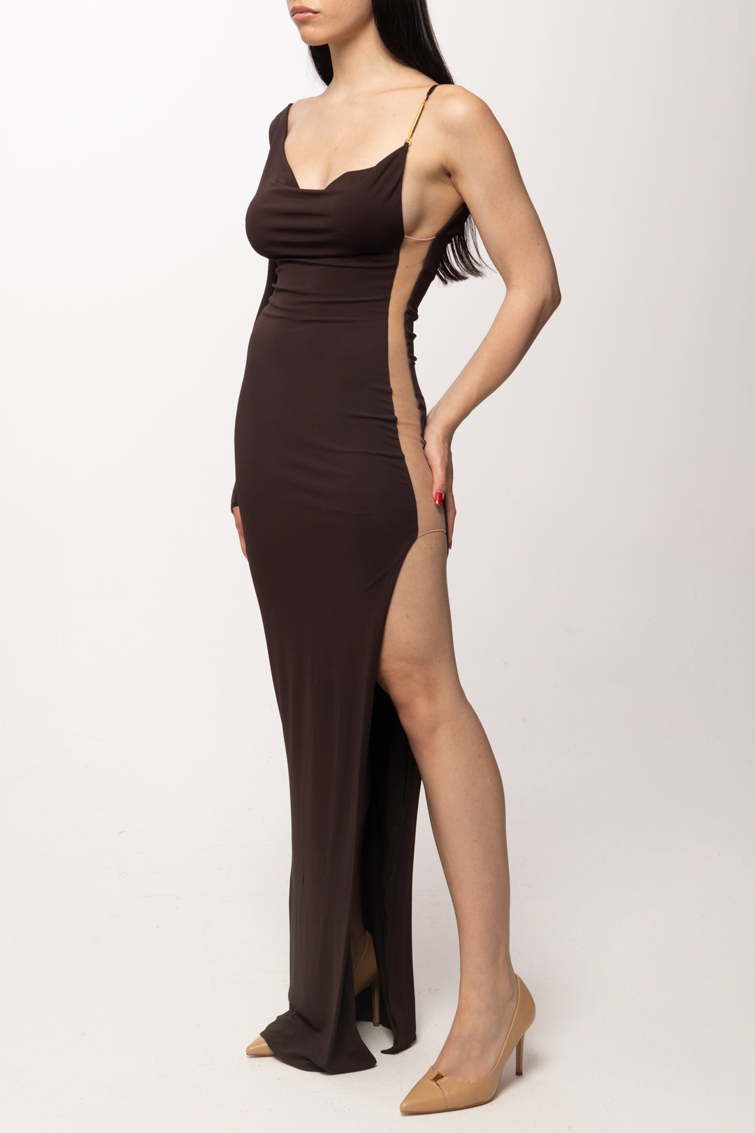 Elisabetta Franchi Abito Red Carpet con Inserto Trasparente Al Fianco ABR4762E2 DARK CHOCOLATE