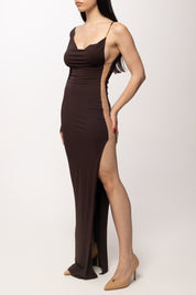 Elisabetta Franchi Abito Red Carpet con Inserto Trasparente Al Fianco ABR4762E2 DARK CHOCOLATE