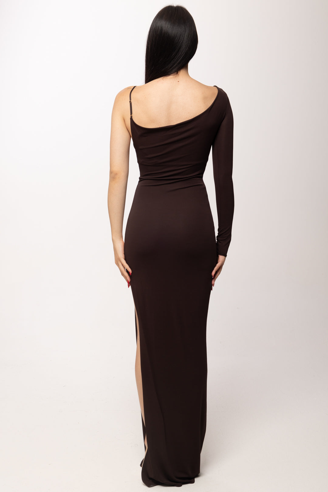 Elisabetta Franchi Abito Red Carpet con Inserto Trasparente Al Fianco ABR4762E2 DARK CHOCOLATE