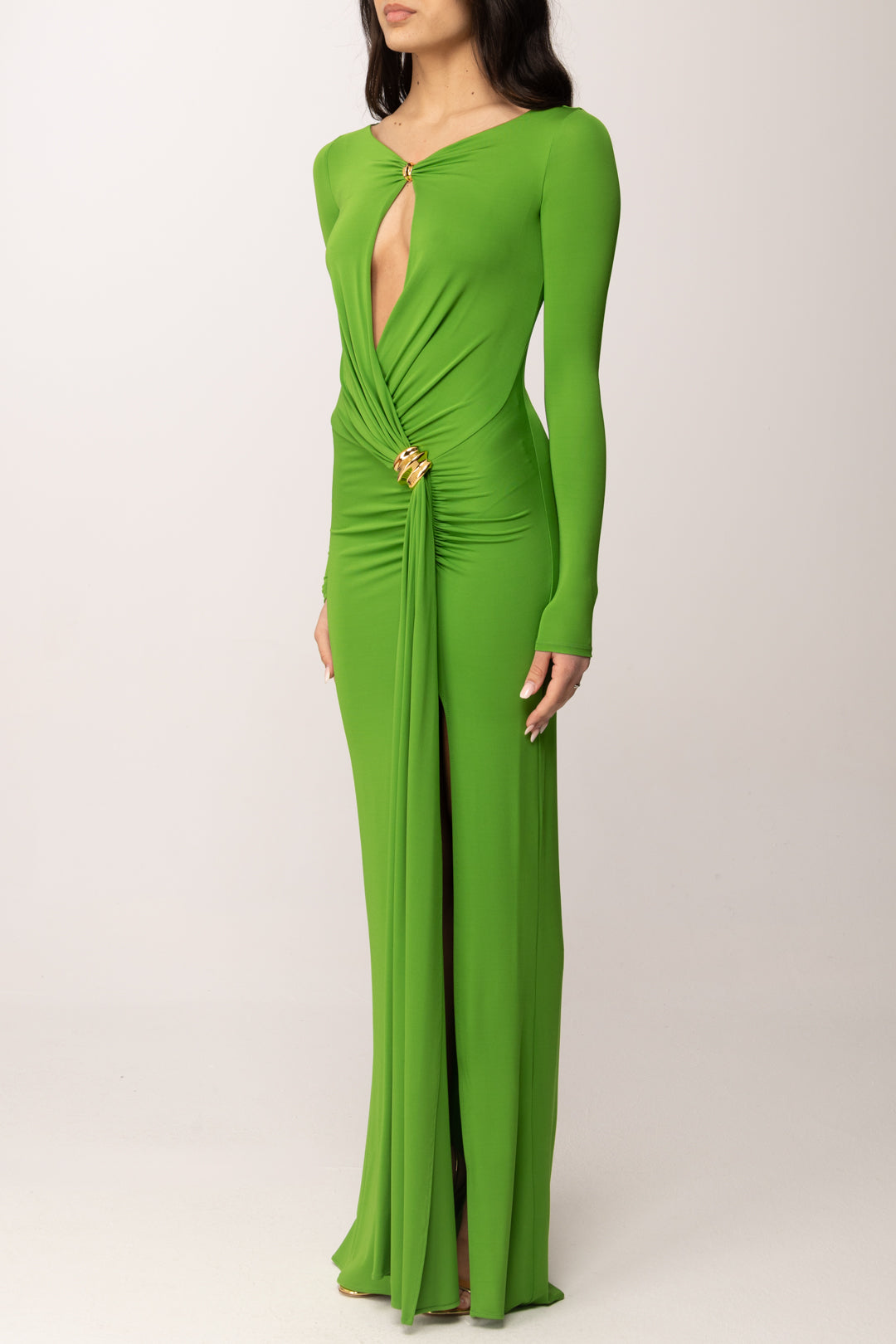 elisabetta franchi green dress Woman Red Carpet with Keyhole and Jewel Details ABR1461E2 ALOE – Khloefemme Lorena