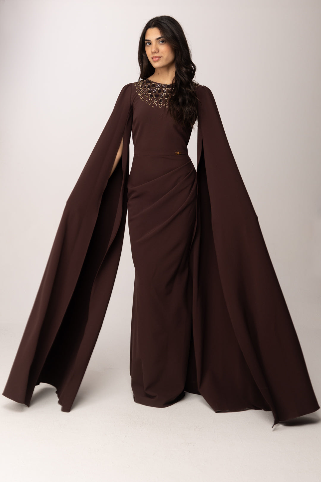 Elisabetta Franchi Abito Red Carpet con Maniche Ampie e Ricamo AB96565E2 CACAO