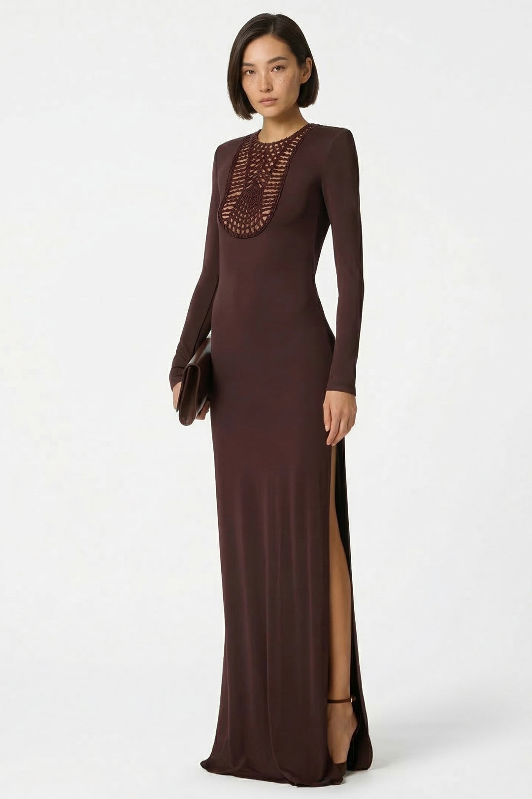 Elisabetta Franchi Abito Red Carpet con Plastron Ricamato ABR3962E2 CACAO