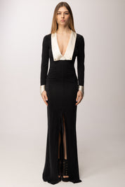 Elisabetta Franchi Abito Red Carpet con Revers a Contrasto ABR4662E2 NERO/BURRO
