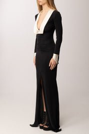 Elisabetta Franchi Abito Red Carpet con Revers a Contrasto ABR4662E2 NERO/BURRO