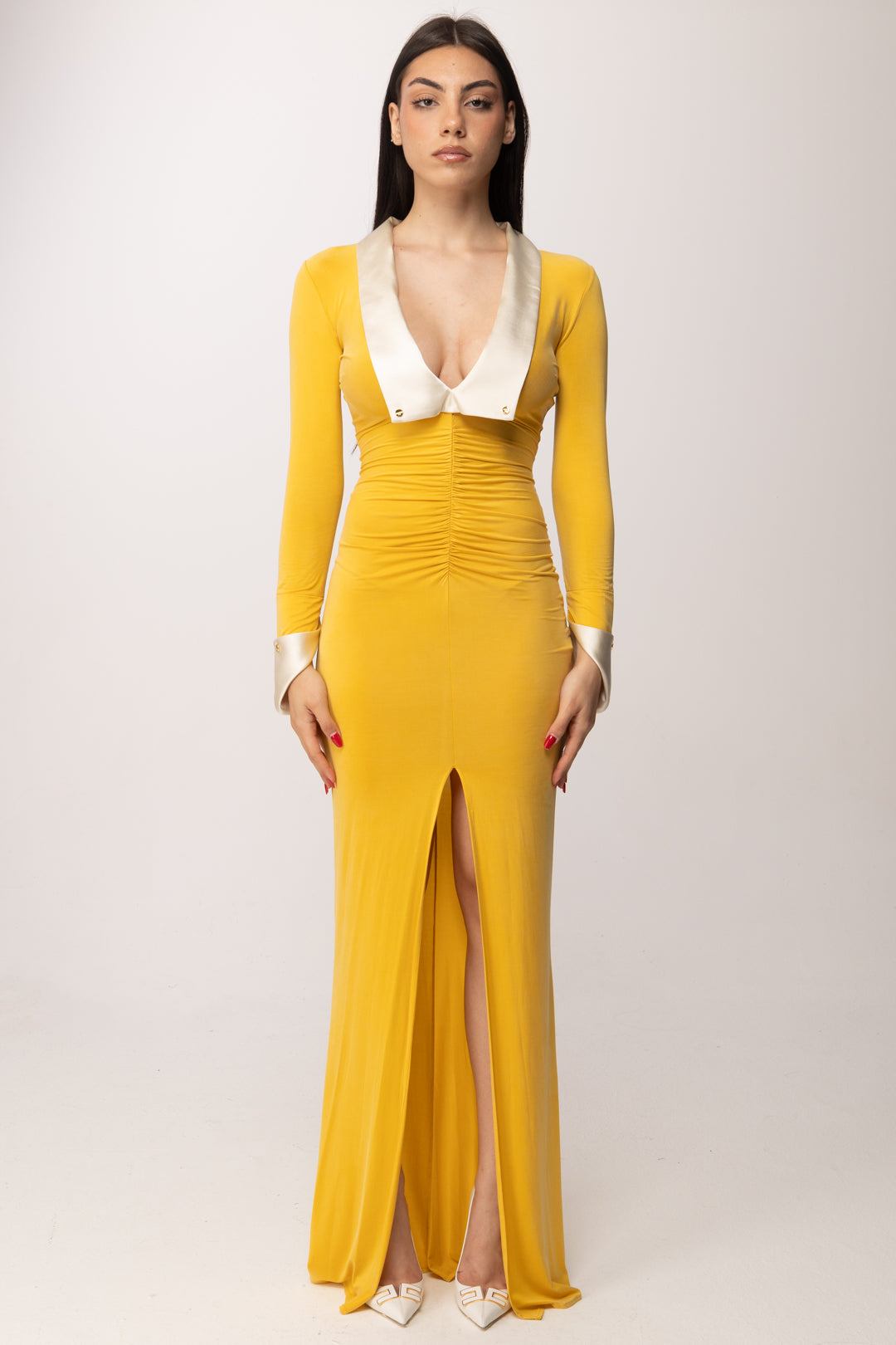 Elisabetta Franchi Abito Red Carpet con Revers a Contrasto ABR4662E2 SUN/BURRO