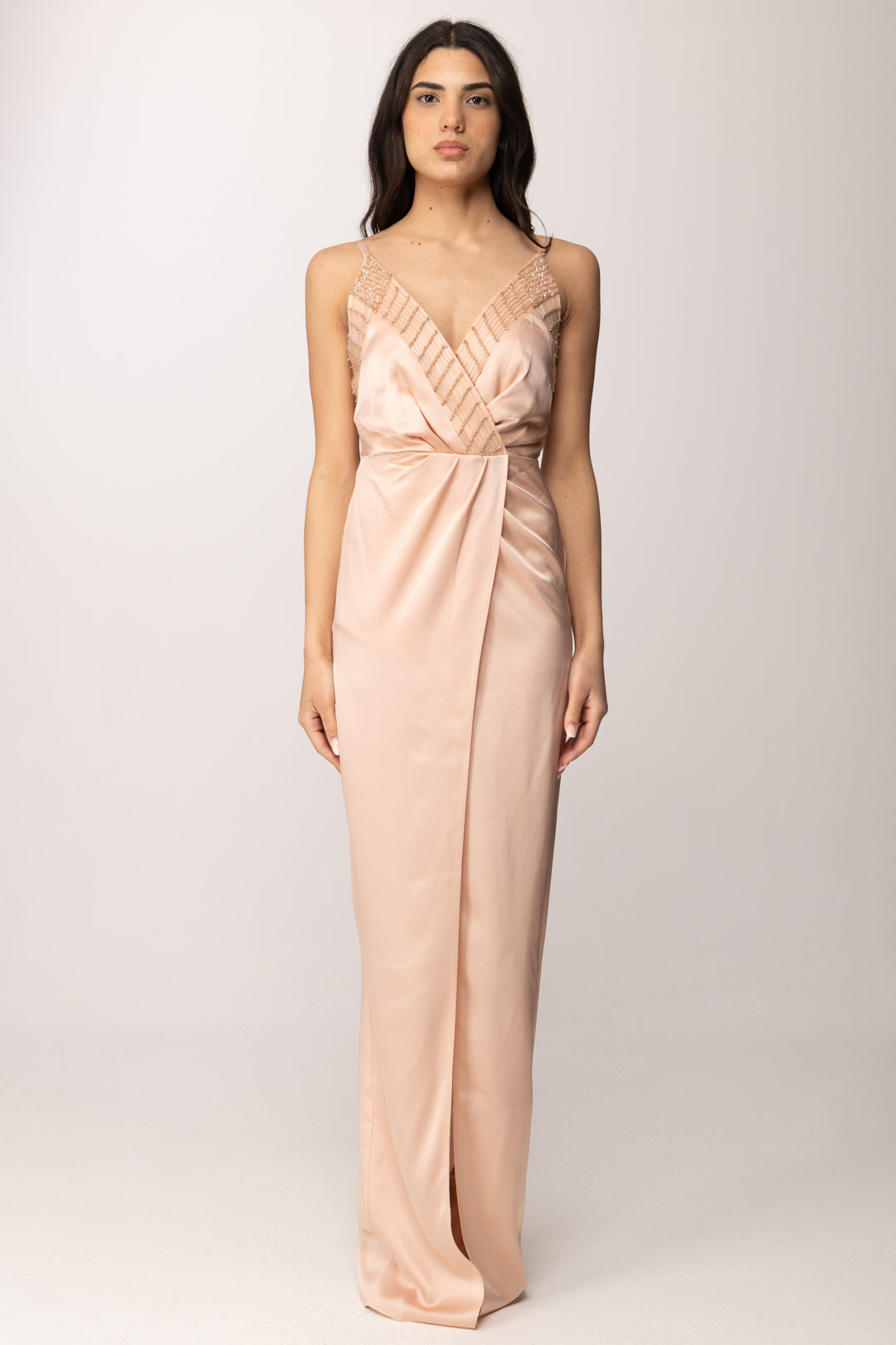 Elisabetta Franchi Abito Red Carpet con Scollo Ricamato ABR4862E2 NUDE