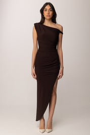 Elisabetta Franchi Abito Red Carpet con Spallina Gioiello AB90661E2 DARK CHOCOLATE