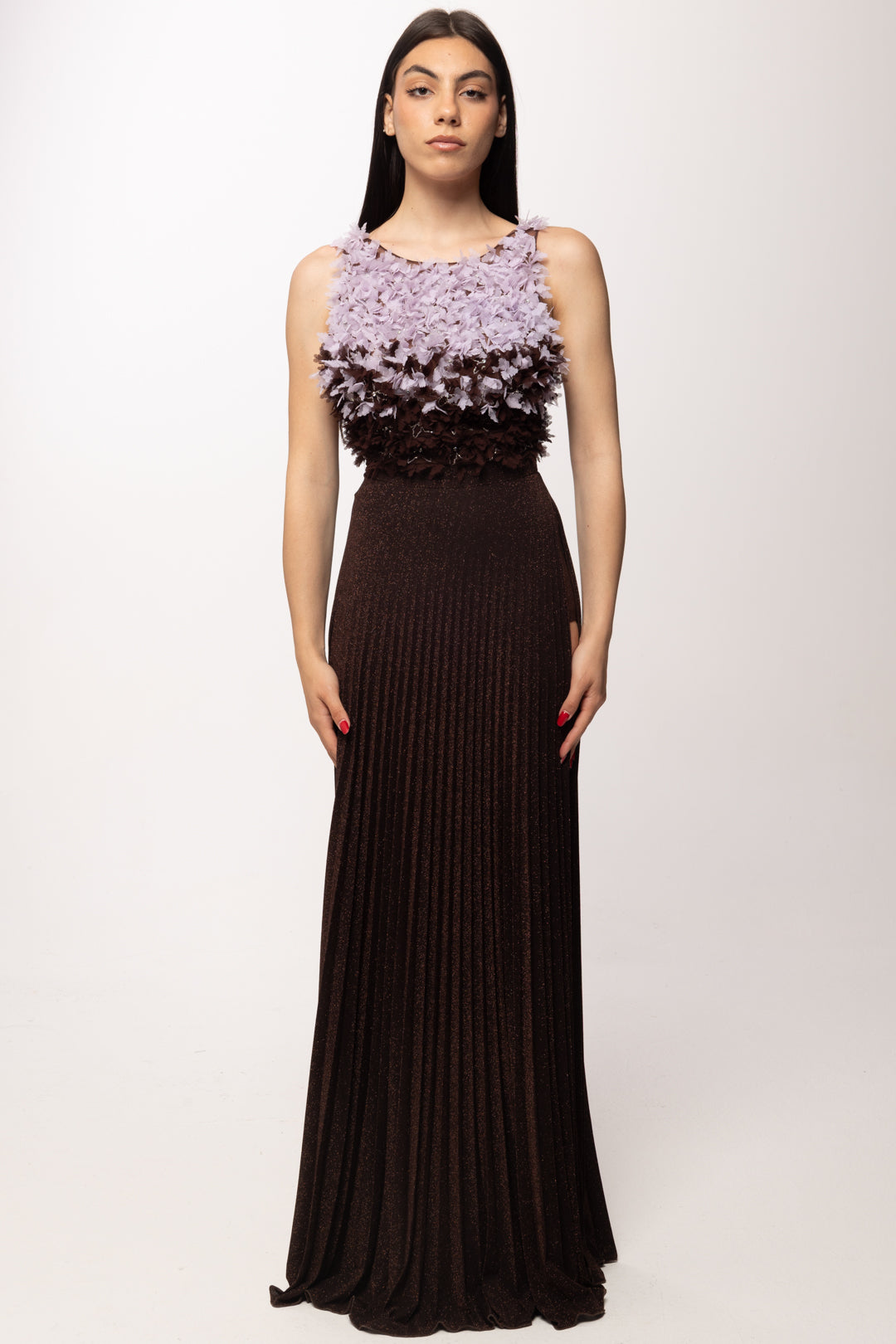 Elisabetta Franchi Abito Red Carpet con Top Floreale In Tulle ABR4462E2 CACAO/LILLA