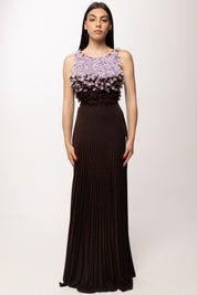 Elisabetta Franchi Abito Red Carpet con Top Floreale In Tulle ABR4462E2 CACAO/LILLA
