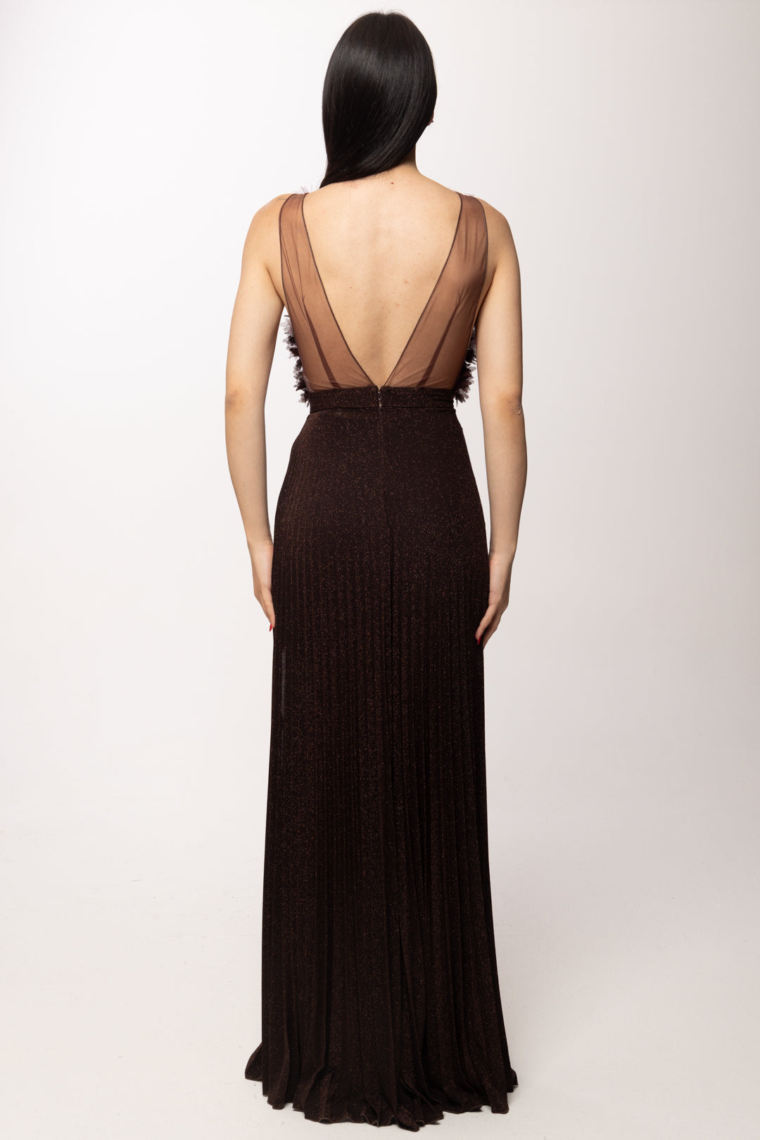Elisabetta Franchi Abito Red Carpet con Top Floreale In Tulle ABR4462E2 CACAO/LILLA