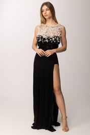 Elisabetta Franchi Abito Red Carpet con Top Floreale In Tulle ABR4462E2 NERO/BURRO
