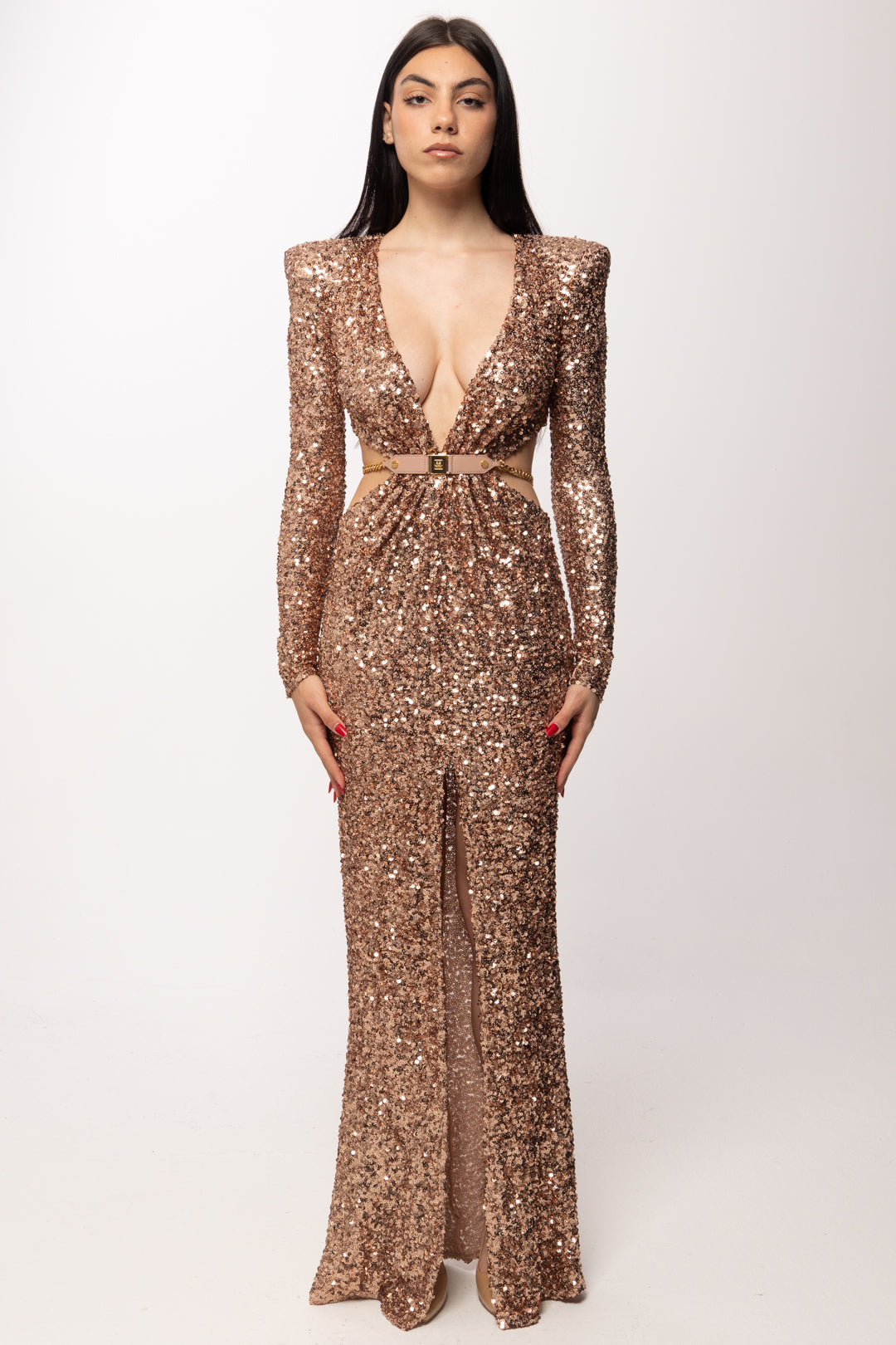 Elisabetta Franchi Abito Red Carpet Full Paillettes con Cut-out e Catena ABR1561E2 NUDE