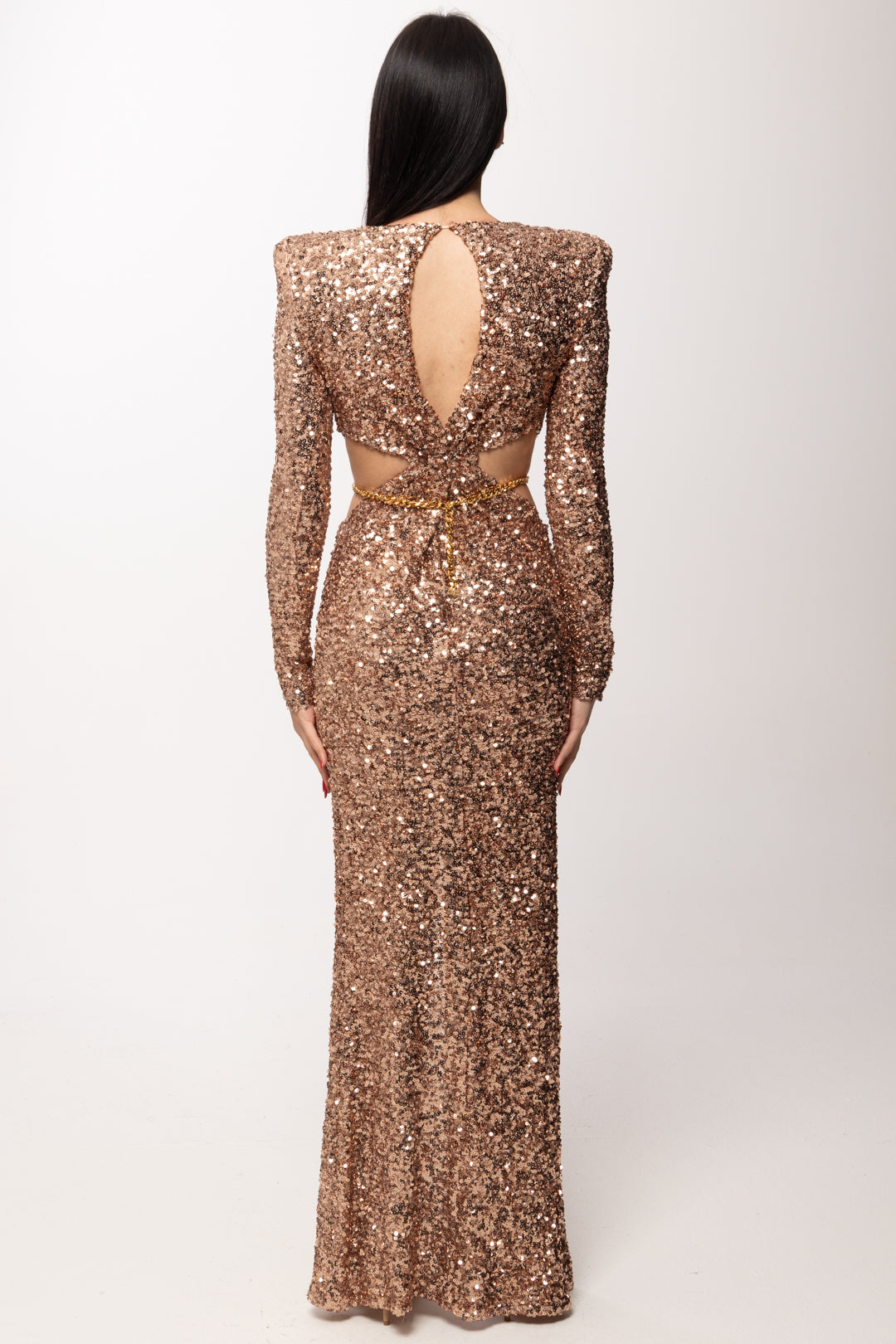 Elisabetta Franchi Abito Red Carpet Full Paillettes con Cut-out e Catena ABR1561E2 NUDE