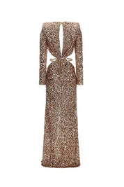 Elisabetta Franchi Abito Red Carpet Full Paillettes con Cut-out e Catena ABR1561E2 NUDE