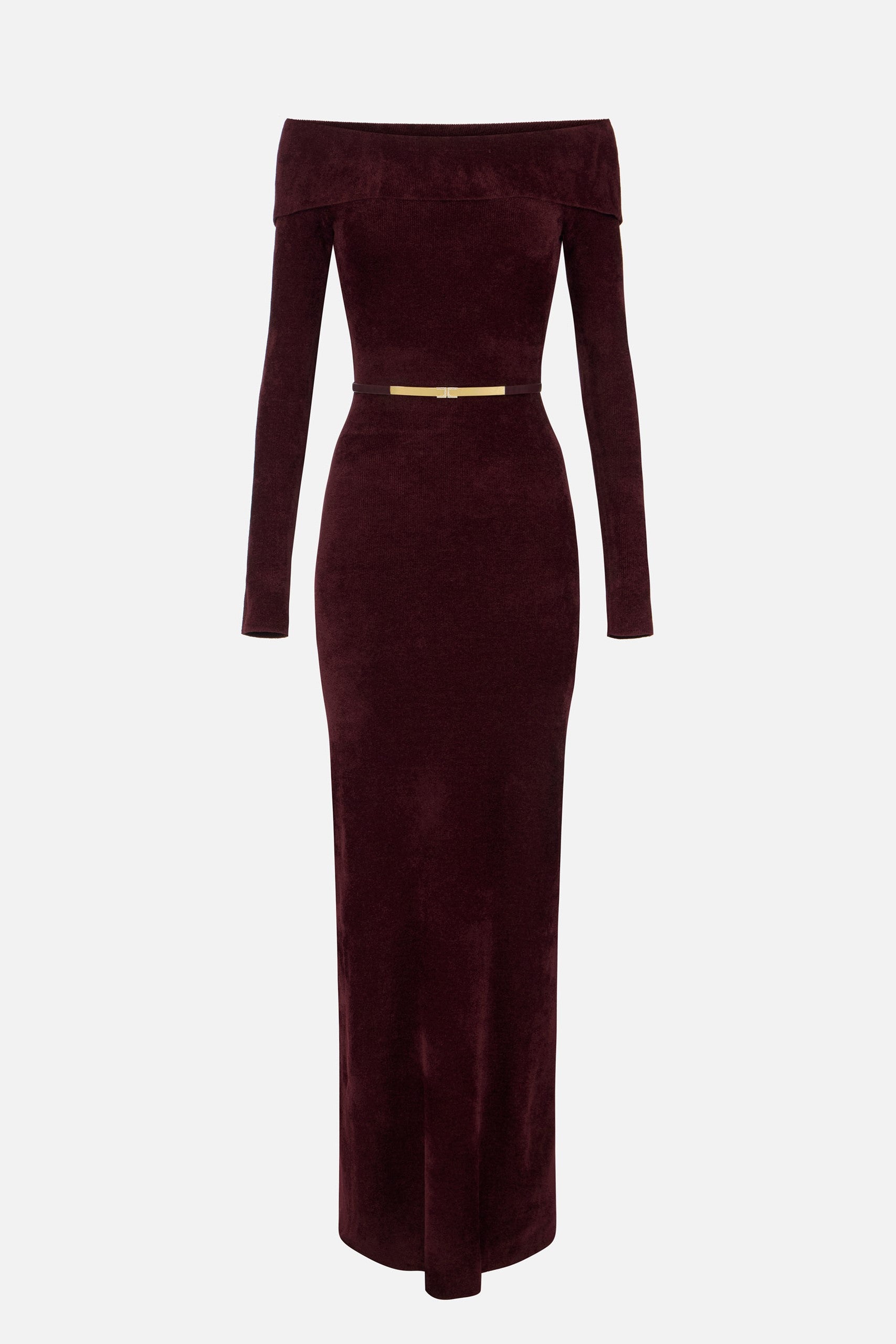 Elisabetta Franchi Abito Red Carpet In Ciniglia con Cintura AM34S57E2 MERLOT