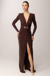 Elisabetta Franchi Abito Red Carpet In Cupro con Gioiello e Drappeggi ABR2961E2 CACAO