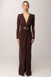 Elisabetta Franchi Abito Red Carpet In Cupro con Gioiello e Drappeggi ABR2961E2 CACAO