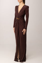 Elisabetta Franchi Abito Red Carpet In Cupro con Gioiello e Drappeggi ABR2961E2 CACAO