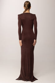 Elisabetta Franchi Abito Red Carpet In Cupro con Gioiello e Drappeggi ABR2961E2 CACAO