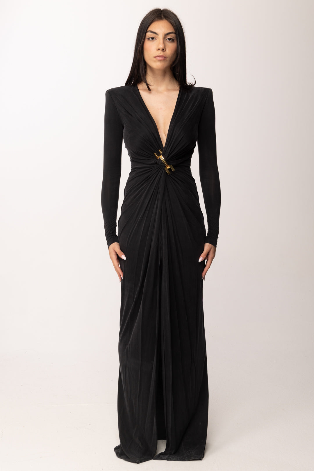 Elisabetta Franchi Abito Red Carpet In Cupro con Gioiello e Drappeggi ABR2961E2 NERO