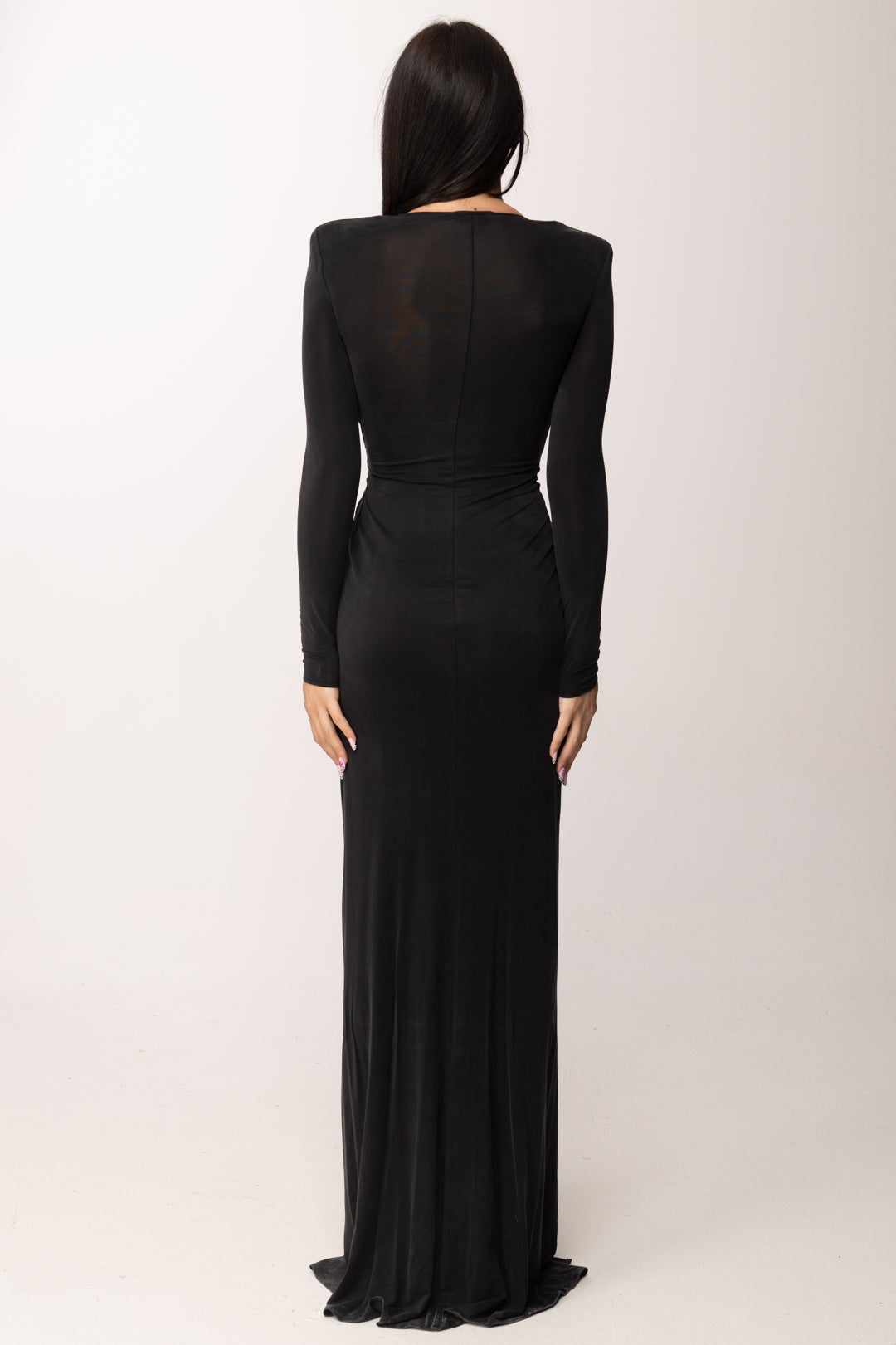 Elisabetta Franchi Abito Red Carpet In Cupro con Gioiello e Drappeggi ABR2961E2 NERO