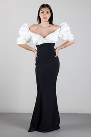 Elisabetta Franchi Abito Red Carpet In Gazar e Crêpe Leggero con Maniche Balloon ABR0967E2 AVORIO/NERO