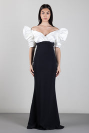Elisabetta Franchi Abito Red Carpet In Gazar e Crêpe Leggero con Maniche Balloon ABR0967E2 AVORIO/NERO