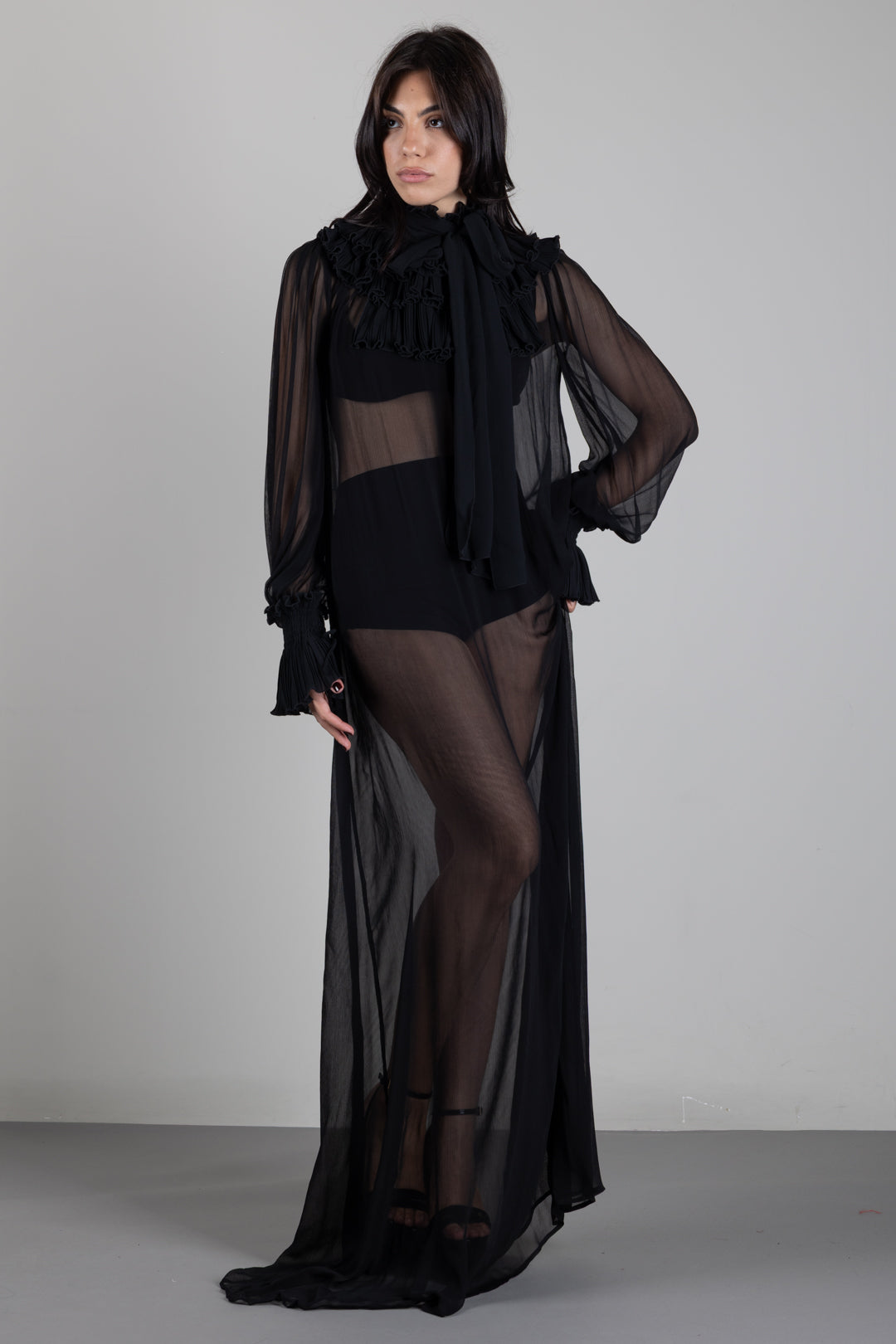 Elisabetta Franchi Abito Red Carpet In Georgette con Ruches ABR4068E2 NERO