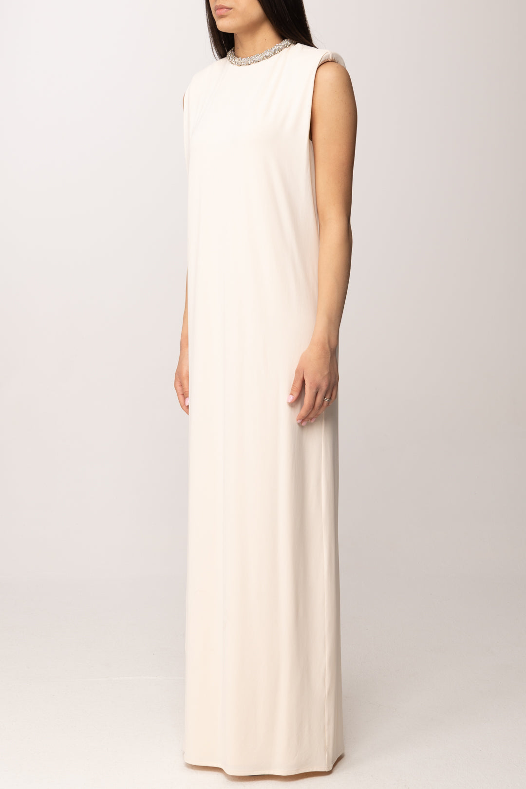 Elisabetta Franchi Abito Red Carpet In Jersey con Collo Ricamato AR83J62E2 BURRO/CRYSTAL