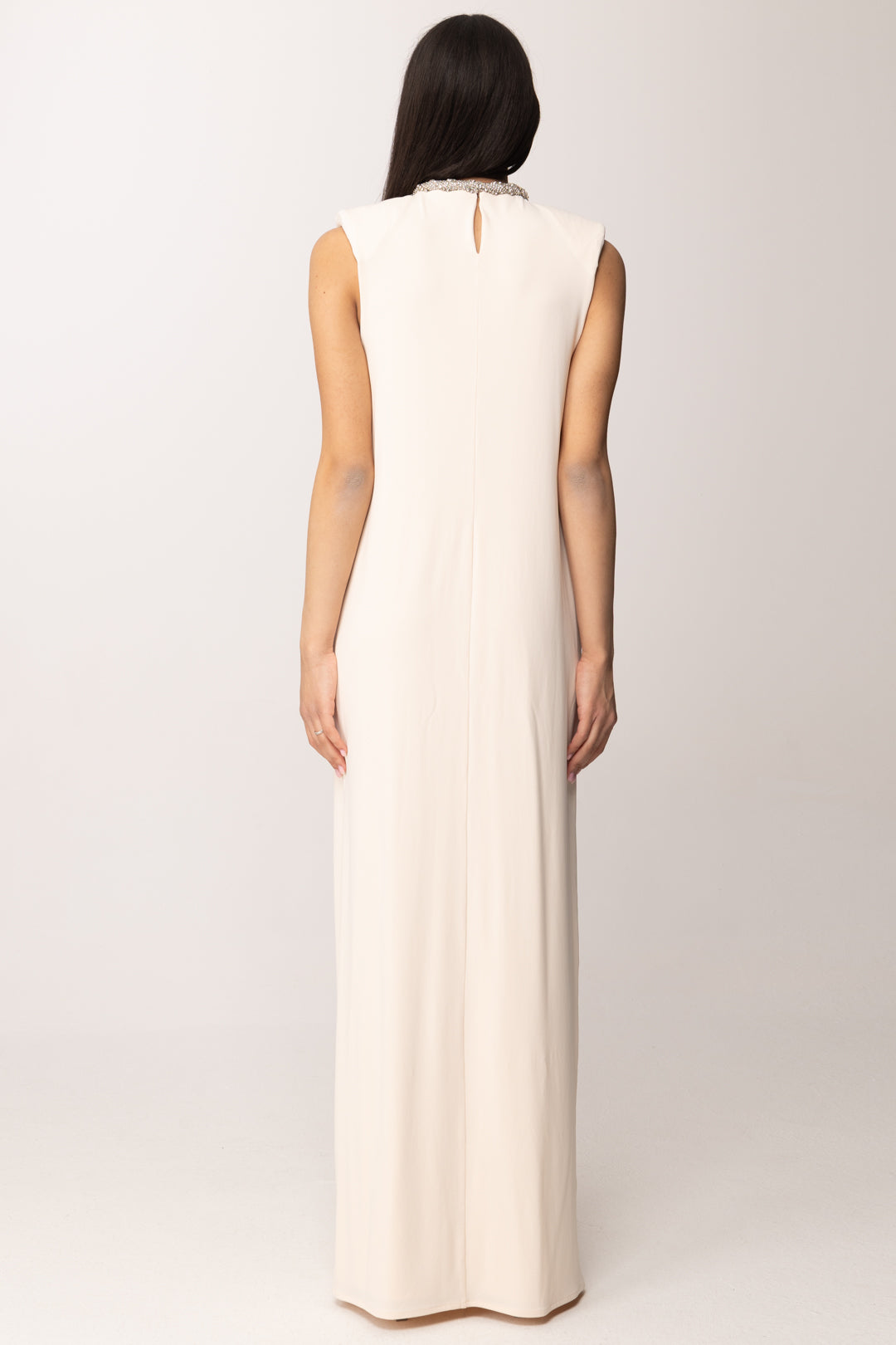 Elisabetta Franchi Abito Red Carpet In Jersey con Collo Ricamato AR83J62E2 BURRO/CRYSTAL