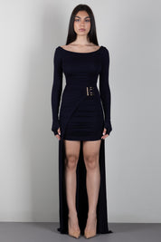 Elisabetta Franchi Abito Red Carpet In Jersey Crêpe con Pannello Effetto Coda ABR3567E2 BLU NOTTE