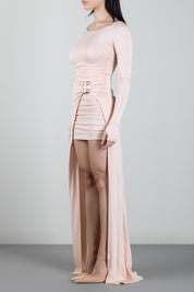 Elisabetta Franchi Abito Red Carpet In Jersey Crêpe con Pannello Effetto Coda ABR3567E2 NUDE