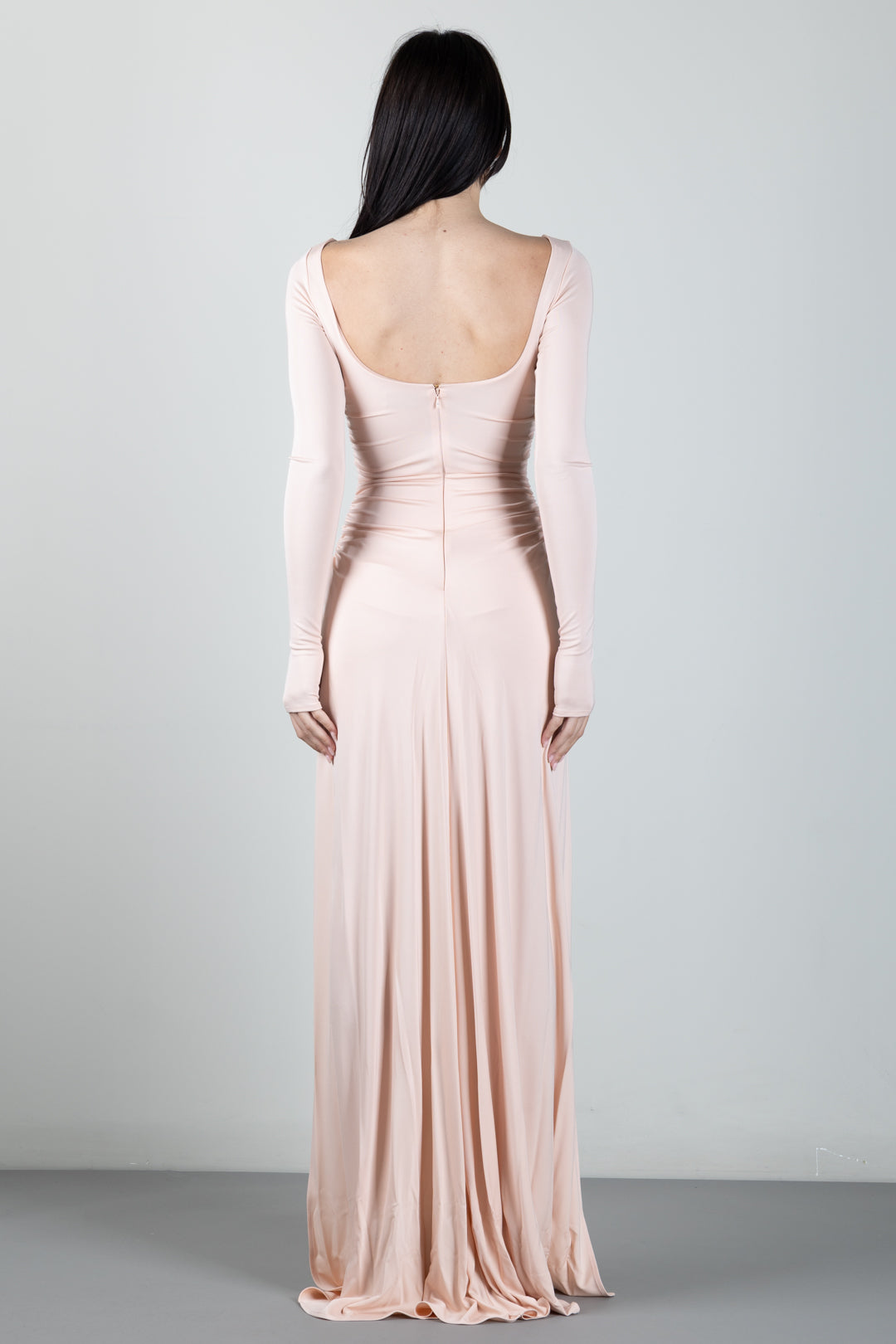 Elisabetta Franchi Abito Red Carpet In Jersey Crêpe con Pannello Effetto Coda ABR3567E2 NUDE