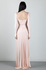 Elisabetta Franchi Abito Red Carpet In Jersey Crêpe con Pannello Effetto Coda ABR3567E2 NUDE