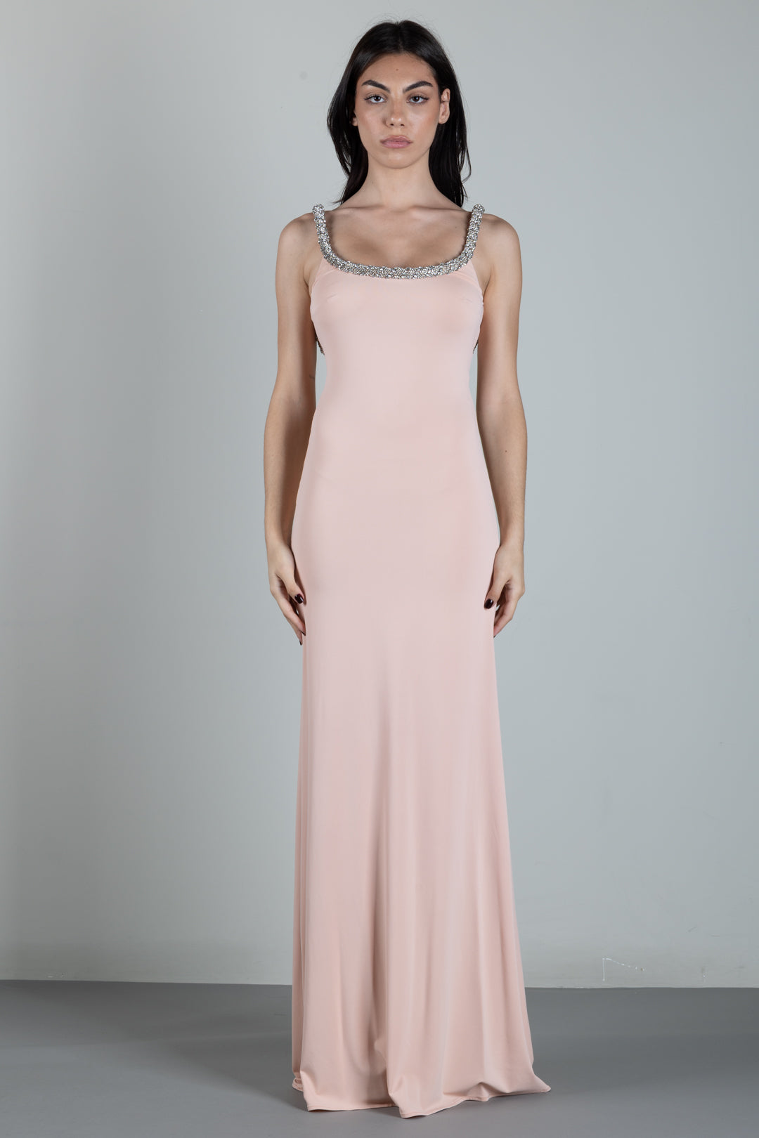 Elisabetta Franchi Abito Red Carpet In Jersey Crêpe con Spalline Gioiello AR92J67E2 NUDE/CRYSTAL
