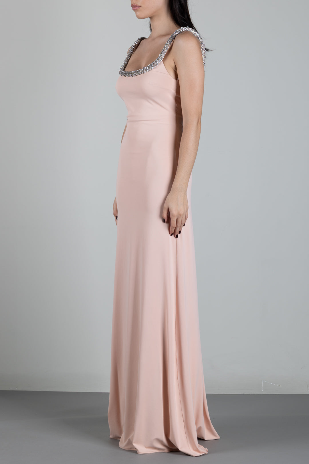 Elisabetta Franchi Abito Red Carpet In Jersey Crêpe con Spalline Gioiello AR92J67E2 NUDE/CRYSTAL