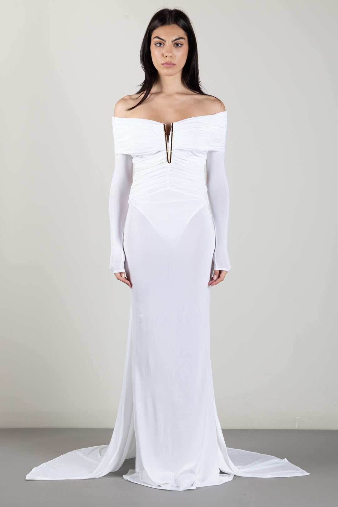 Elisabetta Franchi Abito Red Carpet In Jersey Crêpe Leggero con Drappeggio e Coda ABR2667E2 AVORIO