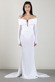 Elisabetta Franchi Abito Red Carpet In Jersey Crêpe Leggero con Drappeggio e Coda ABR2667E2 AVORIO