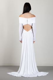 Elisabetta Franchi Abito Red Carpet In Jersey Crêpe Leggero con Drappeggio e Coda ABR2667E2 AVORIO