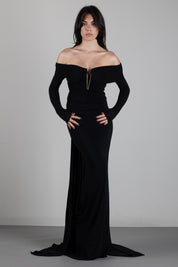 Elisabetta Franchi Abito Red Carpet in jersey crêpe leggero con drappeggio e coda ABR2667E2 NERO
