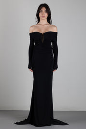Elisabetta Franchi Abito Red Carpet in jersey crêpe leggero con drappeggio e coda ABR2667E2 NERO