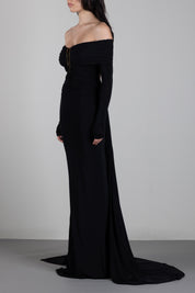Elisabetta Franchi Abito Red Carpet in jersey crêpe leggero con drappeggio e coda ABR2667E2 NERO