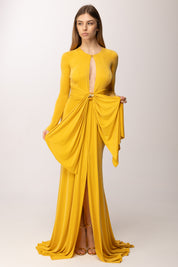 Elisabetta Franchi Abito Red Carpet In Jersey Cupro con Drappeggi ABR5462E2 CUOIO