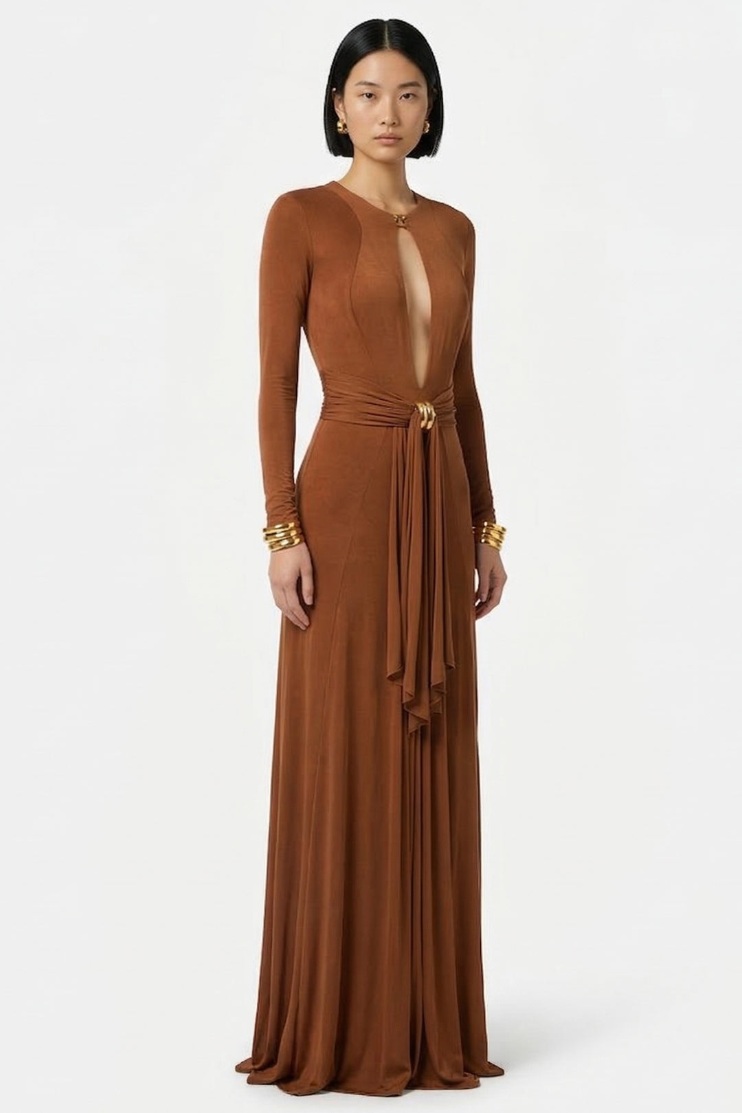 Elisabetta Franchi Abito Red Carpet In Jersey Cupro con Drappeggi ABR5462E2 CUOIO