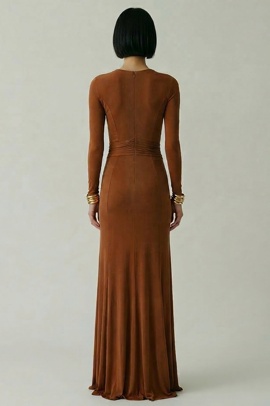 Elisabetta Franchi Abito Red Carpet In Jersey Cupro con Drappeggi ABR5462E2 CUOIO