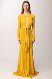 Elisabetta Franchi Abito Red Carpet In Jersey Cupro con Drappeggi ABR5462E2 CUOIO