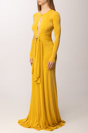 Elisabetta Franchi Abito Red Carpet In Jersey Cupro con Drappeggi ABR5462E2 CUOIO