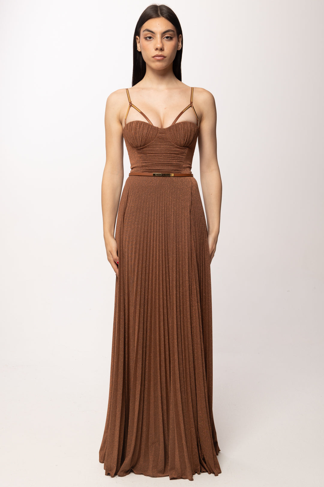 Elisabetta Franchi Abito Red Carpet In Jersey Lamé con Bustier e Spalline Gioiello ABR1661E2 CUOIO