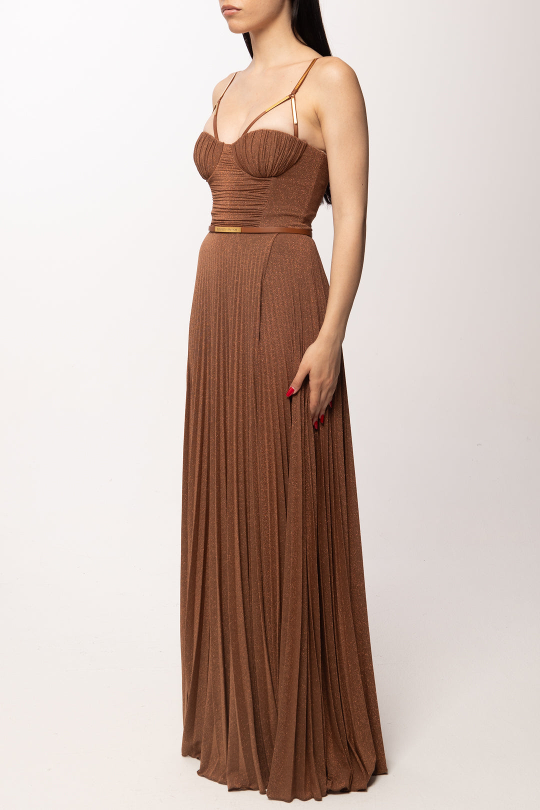 Elisabetta Franchi Abito Red Carpet In Jersey Lamé con Bustier e Spalline Gioiello ABR1661E2 CUOIO